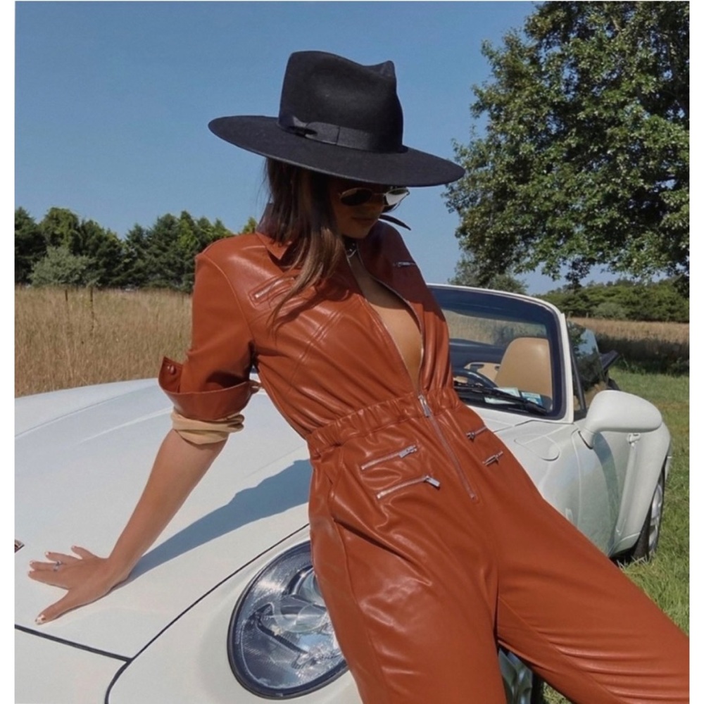 We wore What Utility Cognac Vegan Leather Jumpsuit